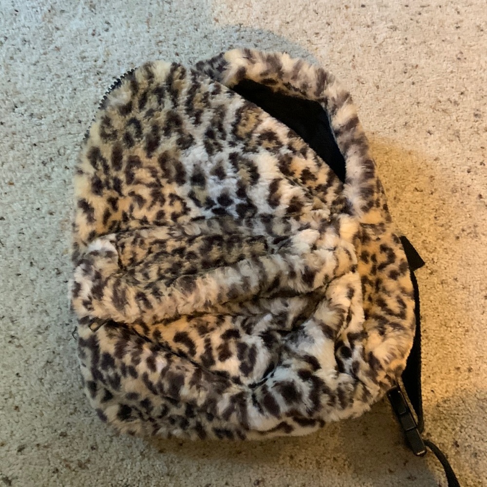 fuzzy leopard print mini. backpack